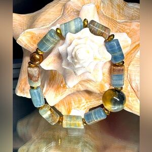LEMURIAN AQUATINE BARRELS + YELLOW TIGERS NATURAL STONES BRACELET size 7”